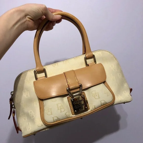 Dooney & Bourke Signature Monogram Cream Tan Canvas & Leather Mix Satchel Bag - Picture 1 of 16